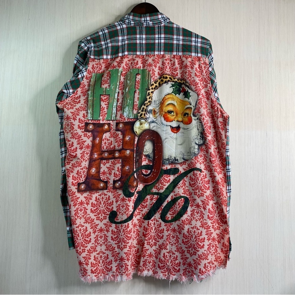 NWOT One 24 Rags Festive Santa Plaid Holiday Button Up Frayed Hem Shirt XXL